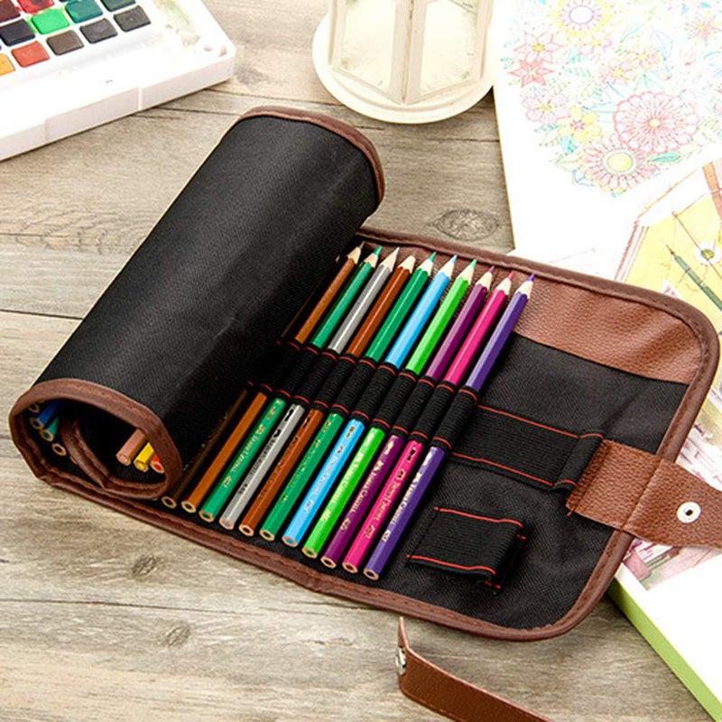 lasenersm 1 Piece 60 Slot Canvas Pencil Roll Case Pencil Wrap Case Roll up Pouch Pen Wrap Organizer Roll Up Pencil Holder Charcoal Pencils Rolling Pouch for Painter Artist Black, Black, 60 slot, Modern - Image 2